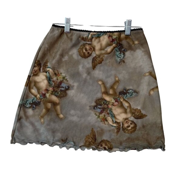 Urban Outfitters Women's Cherub Angel Print Mini Skirt S Whimsical Lightweight - Picture 1 of 7